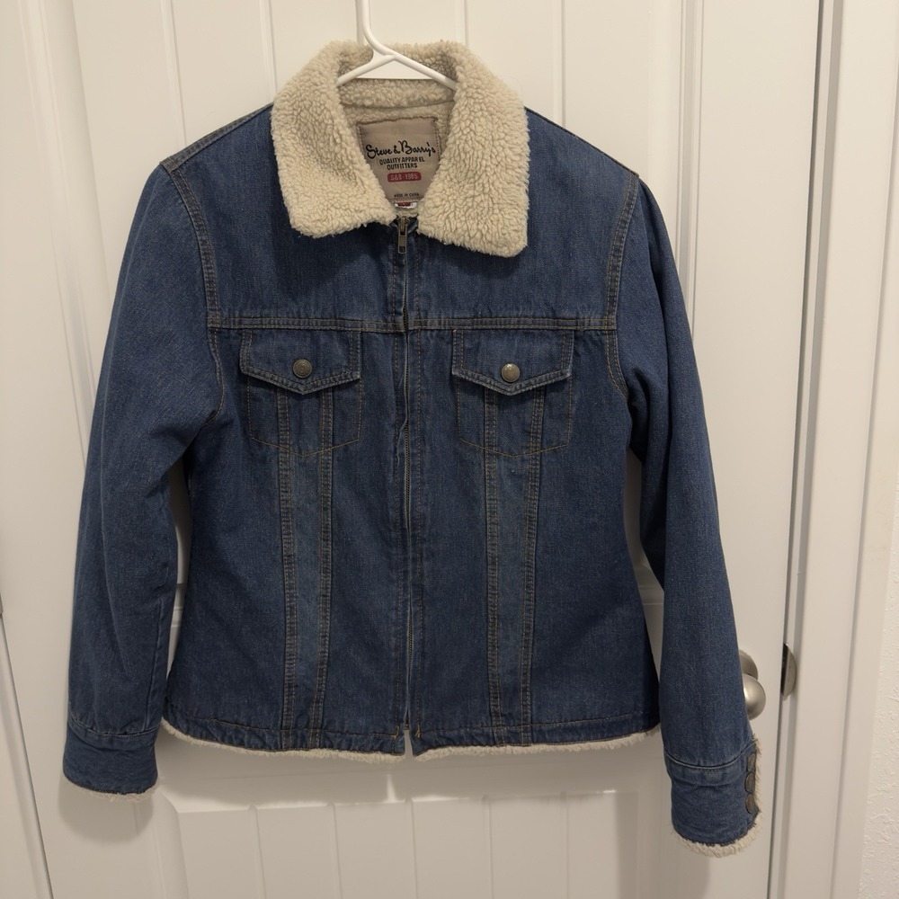Steve & Barry's Women's Jean Zip Up Jacket Sherpa Collar Cuffs Lined Size Large